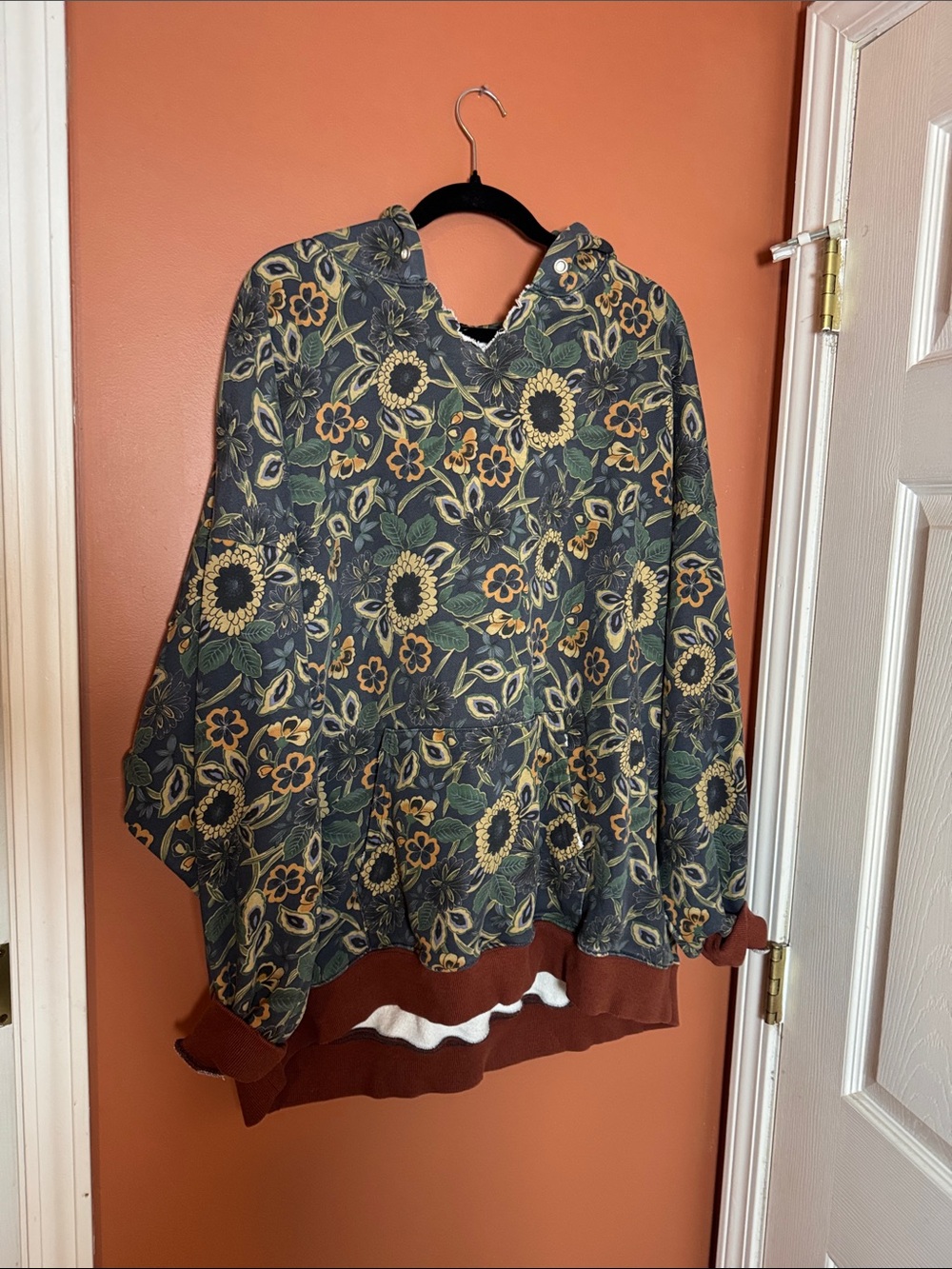 Boho Natural Life oversized Floral Sunflower Pullover Hoodie in Green & Brown